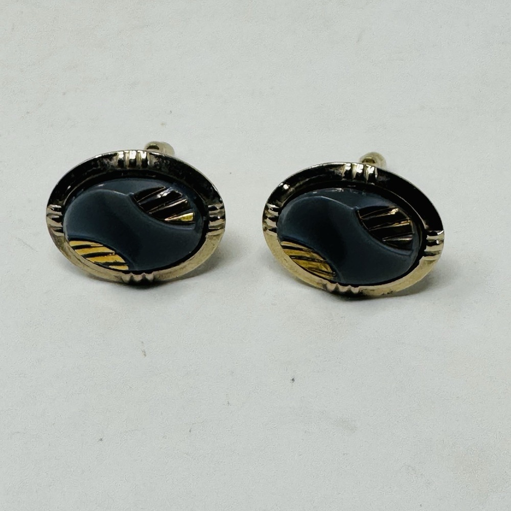 Vintage gold-tone & Gray Men's Oval Cufflinks‎ Classic Charity Elegant Black Tie
